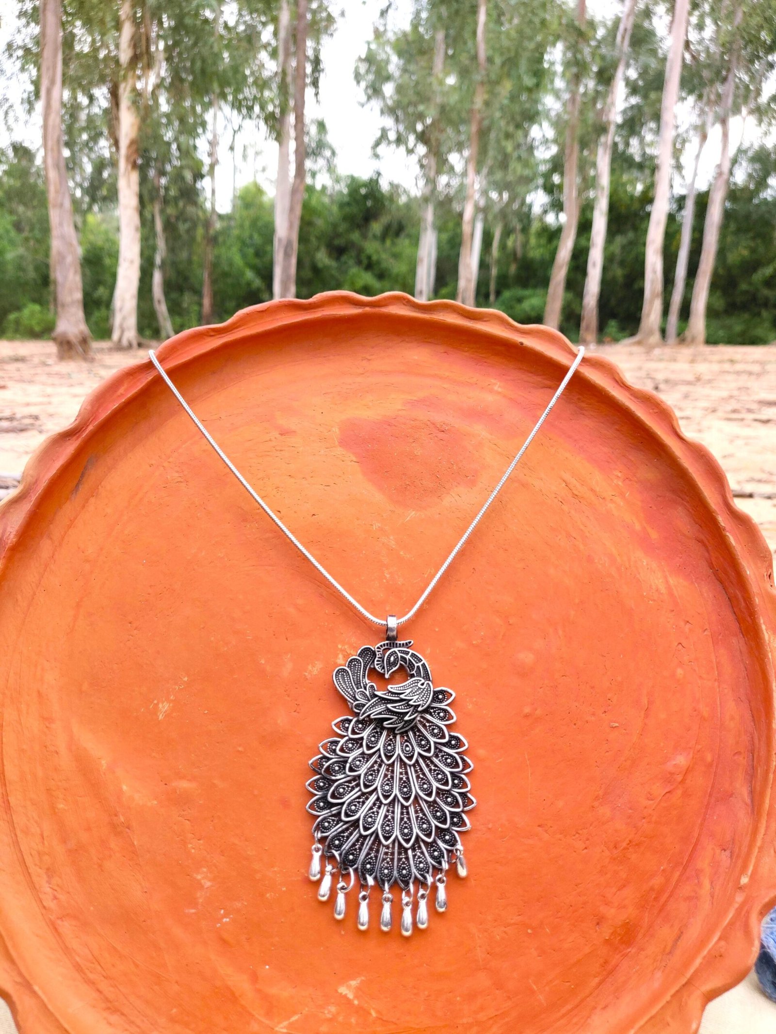 Oxidised long chain with Peacock Pendant - Image 2