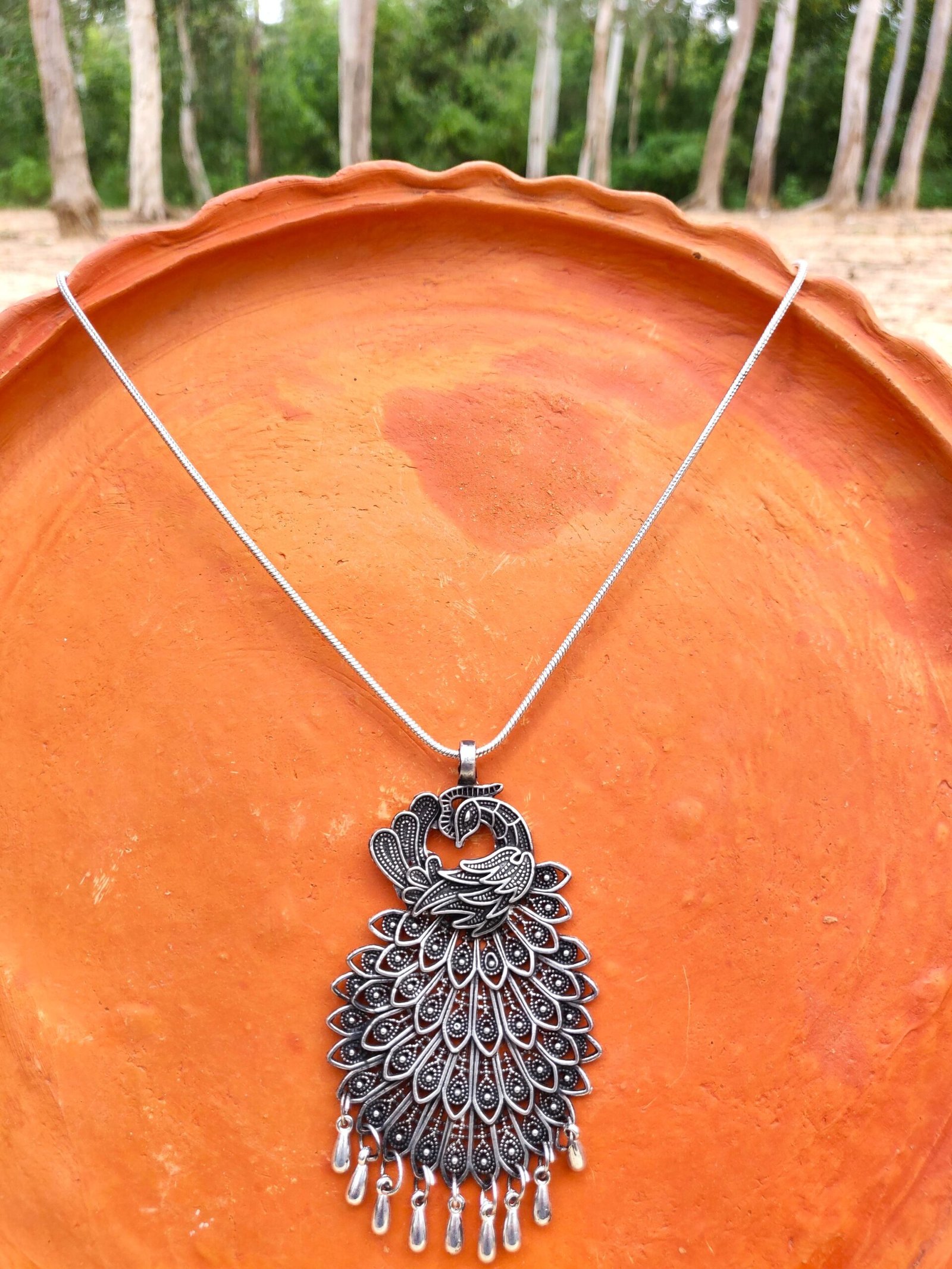 Oxidised long chain with Peacock Pendant - Image 3